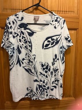 Chico's White Tee with Navy Botanical Print